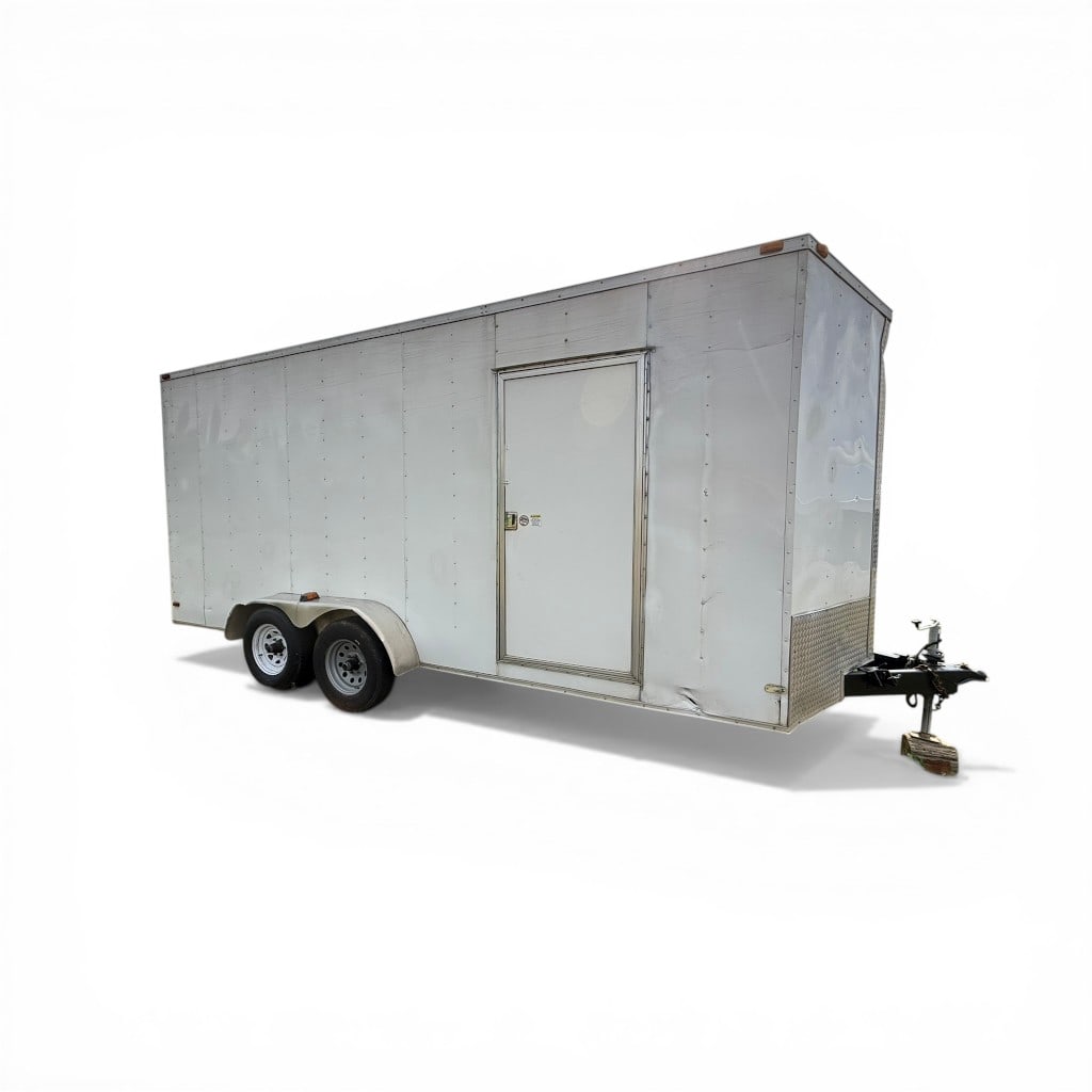 2015 Covered Wagon 7 ft. x 18 ft. Enclosed Cargo Trailer, Tandem Axle: A 2015 Covered Wagon enclosed cargo trailer measuring approximately 7 ft. x 18 ft., constructed with aluminum exterior panels and fitted with diamond plate stone guard. Tandem axle configuration with