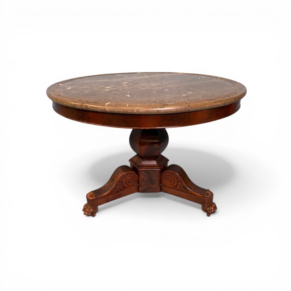 American Classical Marble-Top Gueridon Center Table, Mid-19th Century: American Classical gueridon or center table in the French Empire taste, likely New York or Philadelphia, mid-19th century. The circular dish-top form is fitted with an inset brown marble surface