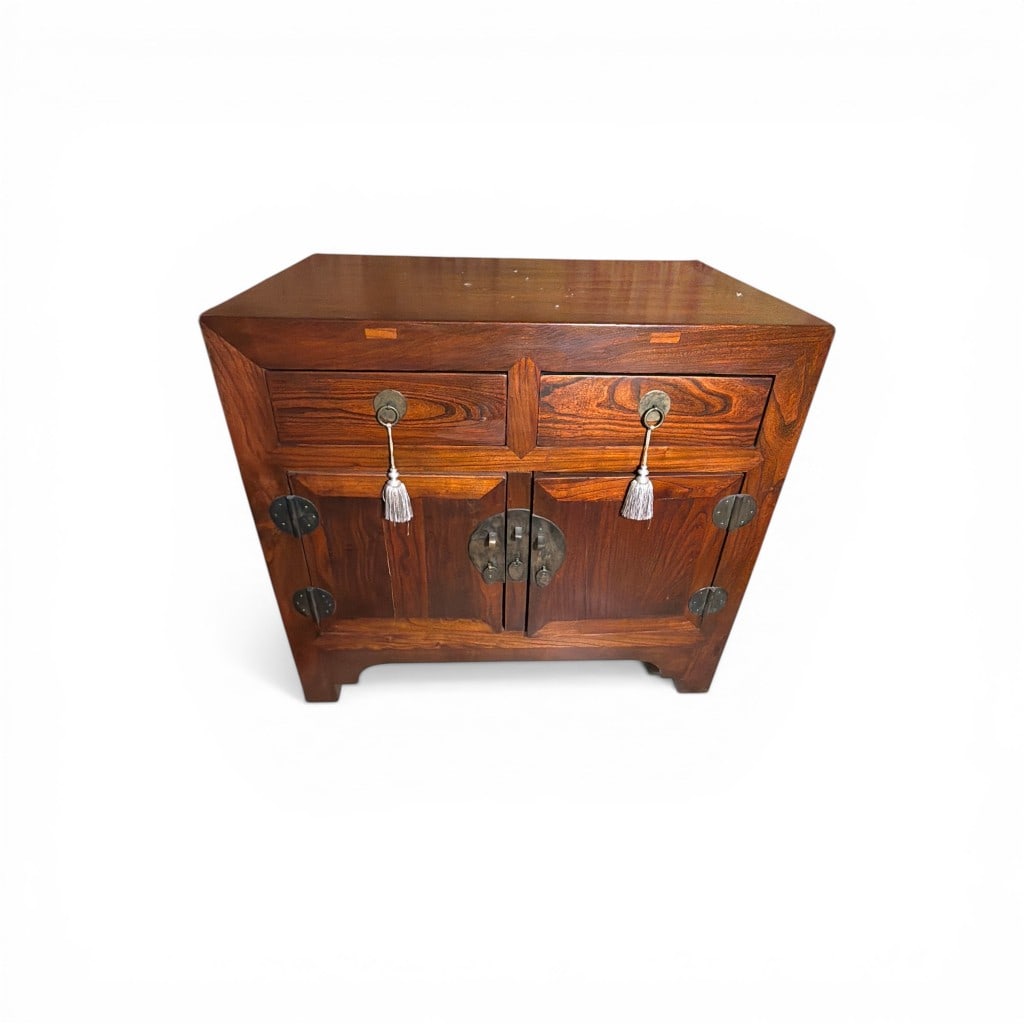 Chinese Elmwood Cabinet, Ming Style: A Chinese elmwood cabinet crafted in the Ming style, featuring clean, rectilinear lines and a warm, richly grained surface. The case is constructed with a paneled top and fitted with a single drawer