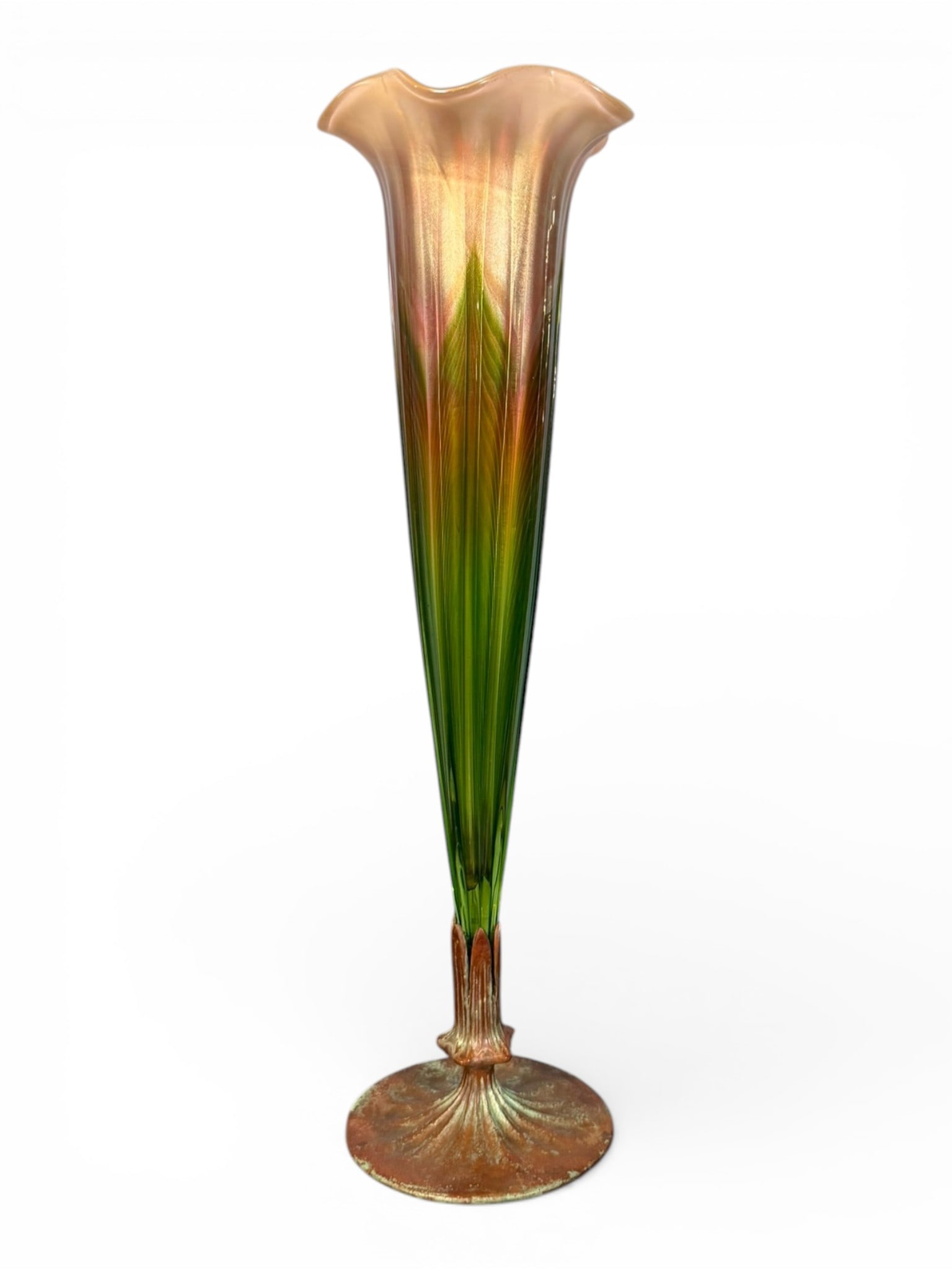 Tiffany Studios Favrile Glass Floriform Vase with Bronze Base: Tiffany Studios Favrile Glass Floriform Vase with Bronze Base, early 20th century, the iridescent pulled-feather glass body of elongated trumpet form with ruffled rim, shading from green to amber and