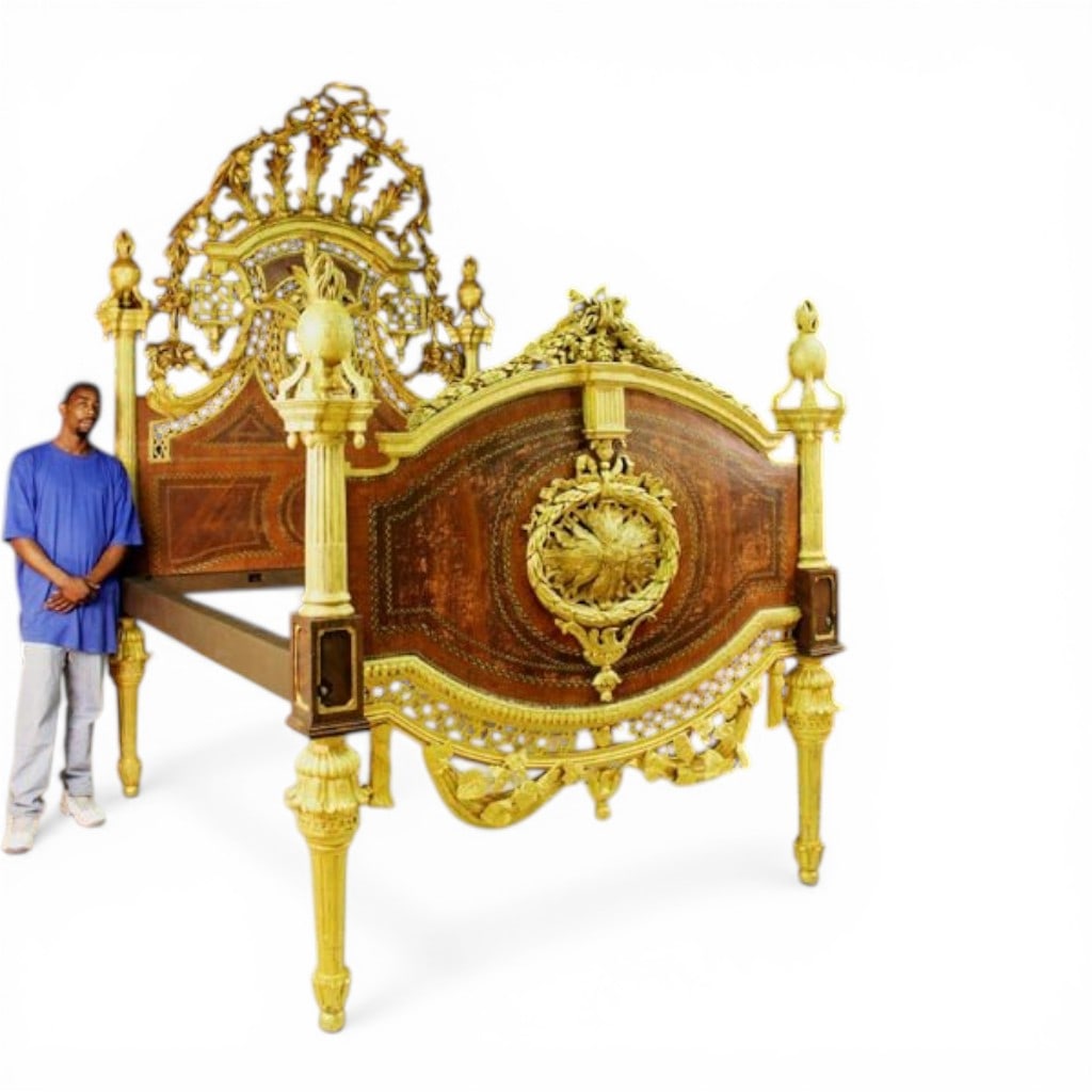 Monumental Giltwood King Size Bed in the Russian Imperial Taste, Continental, Mid to Late 19th: An exceptional king-size bed executed in the grand Russian Imperial taste, featuring an elaborately pierced and gilt crest with scrolling foliate ornament, latticework, and finial surmounts. The shape