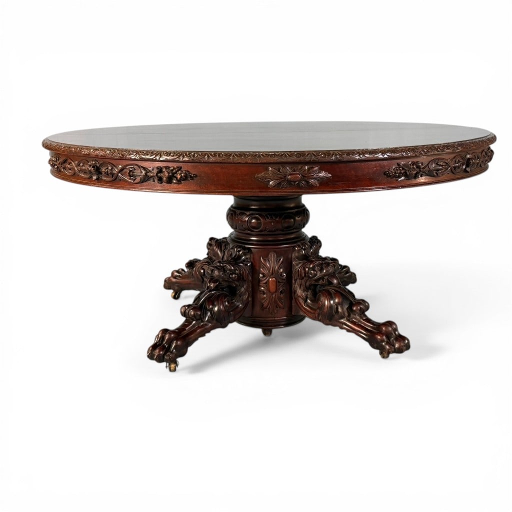 Alexander Roux Carved Mahogany Extension Dining Table with Seven Leaves (1 of 19)