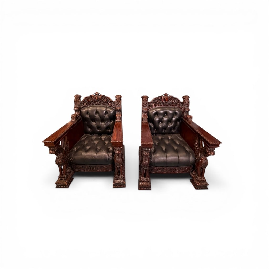 Pair of Heavily Carved Griffin Armchairs, in the Manner of R.J. Horner (1 of 13)