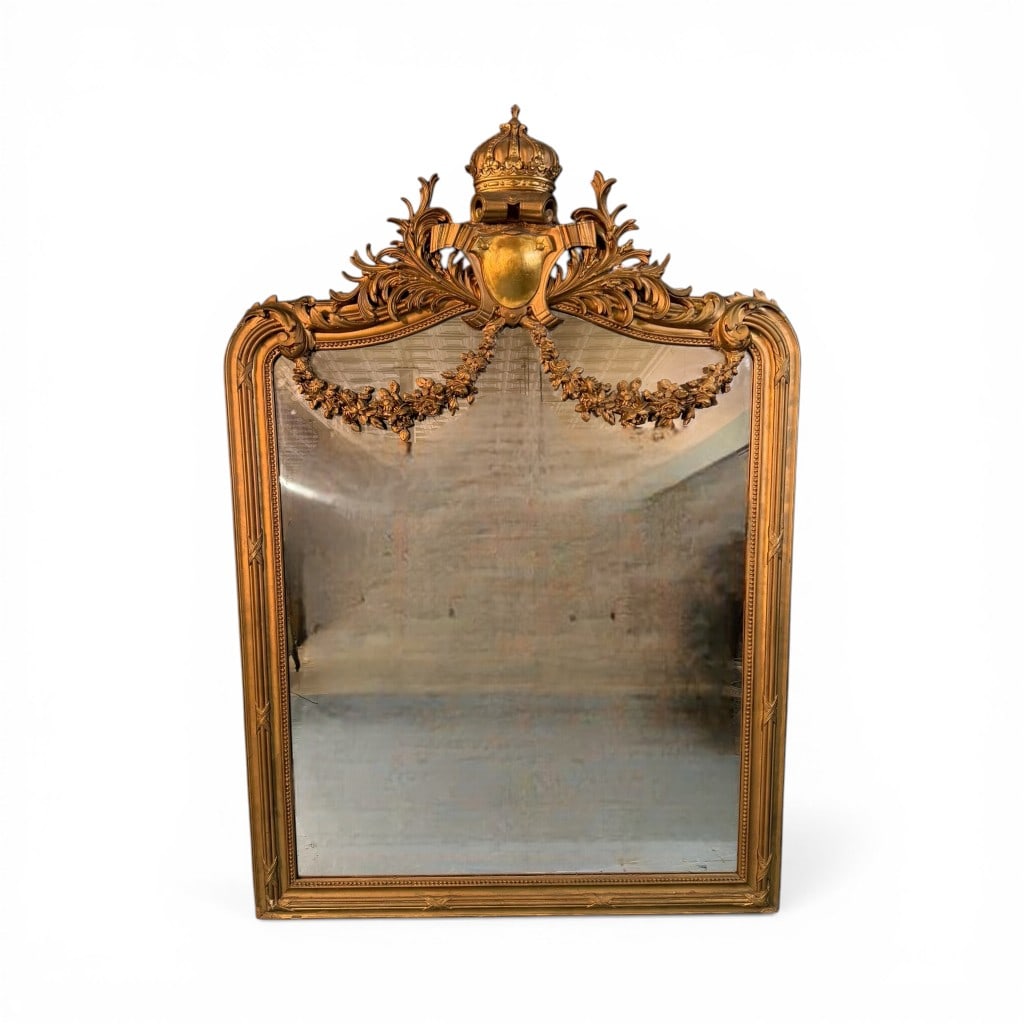 French Louis XVI Style Giltwood Overmantel Mirror with Crown Crest (1 of 7)
