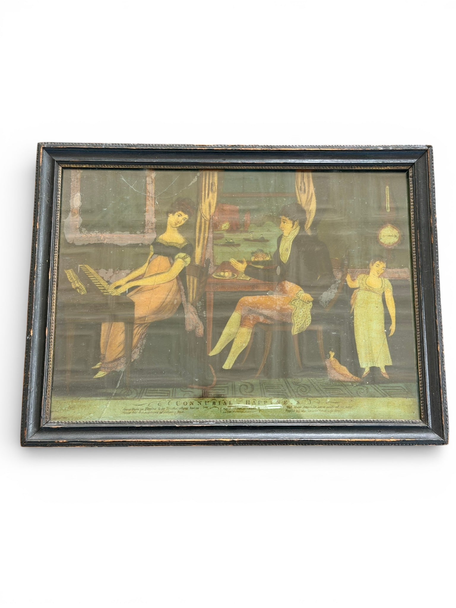 Reverse Painted Eglomisé Glass “Connubial Happiness,?? after Hinton, 1808: Early 19th century English school reverse painting on glass depicting a refined domestic parlor scene with a seated gentleman, lady at keyboard, and child attendant. The composition titled