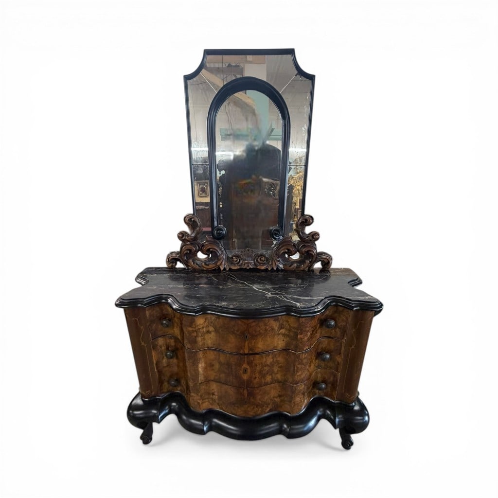 Louis Philippe Style Burlwood Veneered Marble-Top Dresser with Mirror (1 of 5)