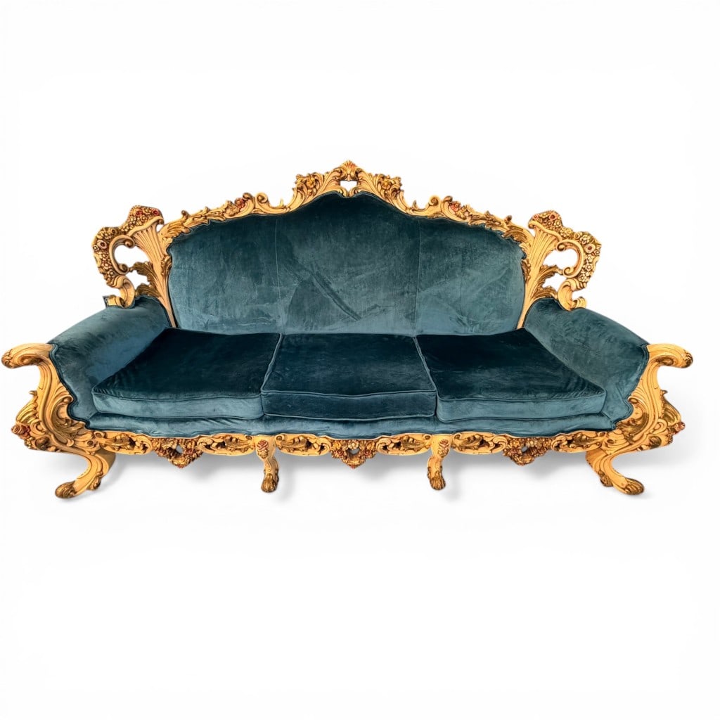 Venetian-Style Carved and Gilt Sofa with Blue Velvet Upholstery (1 of 4)