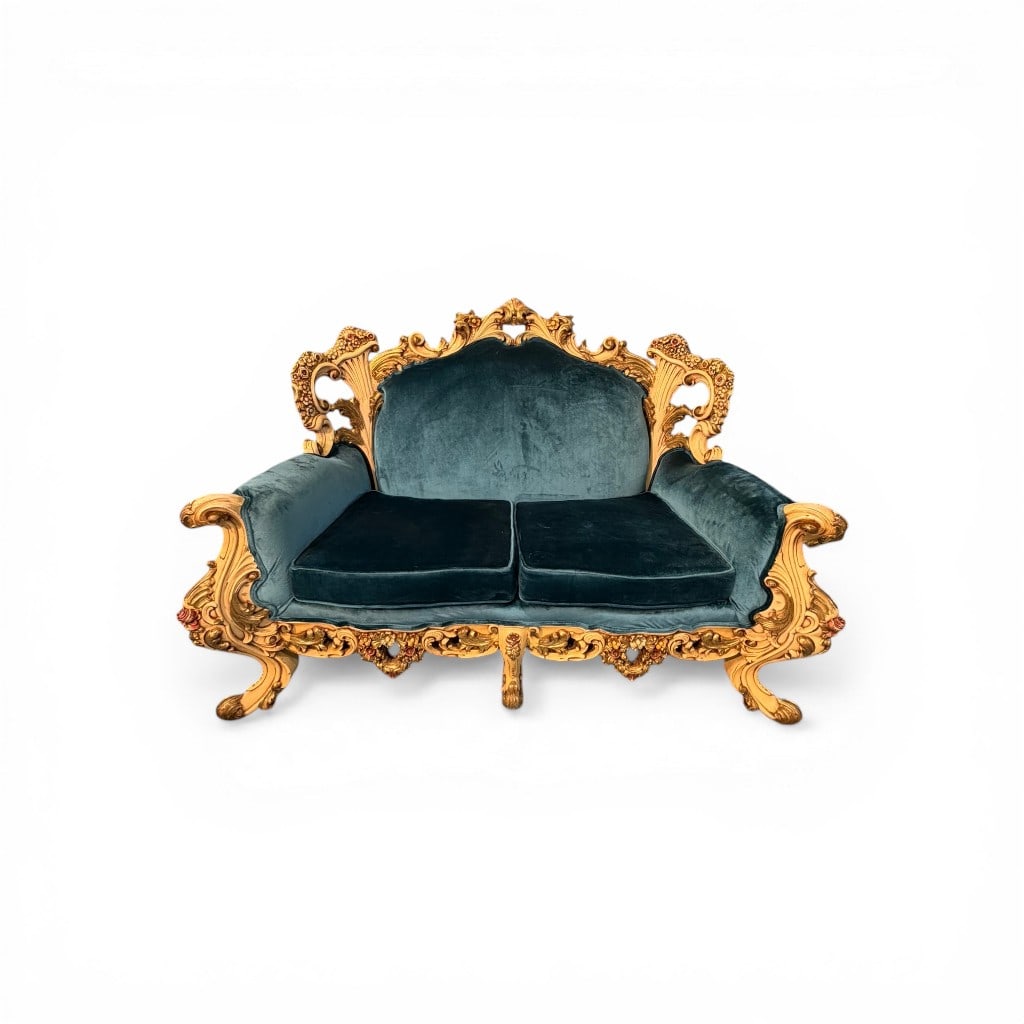 Venetian-Style Carved and Gilt Loveseat with Blue Velvet Upholstery (1 of 4)