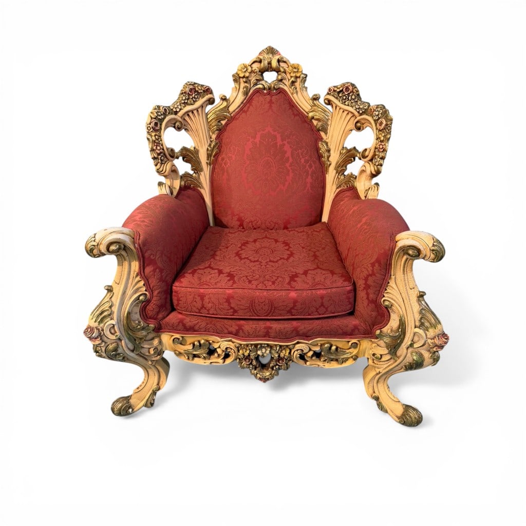 Venetian-Style Carved and Gilt Armchair with Red Damask Upholstery (1 of 5)