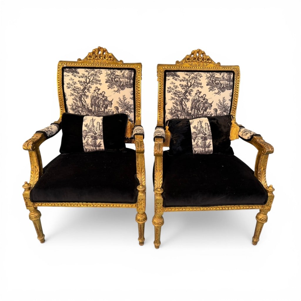 Pair of French Louis XVI Style Gilt Fauteuils with Toile Upholstery (1 of 6)