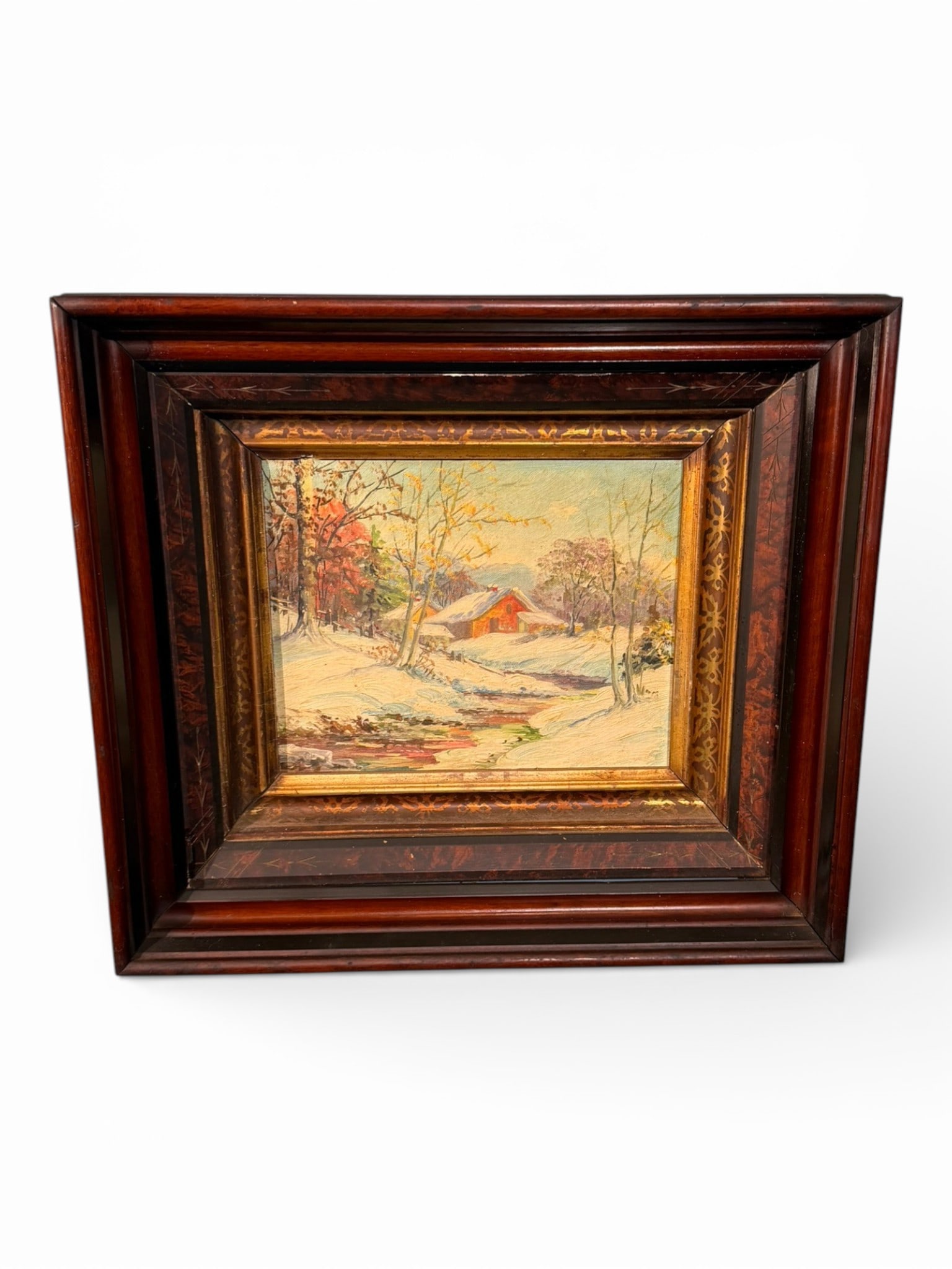 Winter Landscape with Red Barn, Oil on Board, early 20th century (1 of 6)
