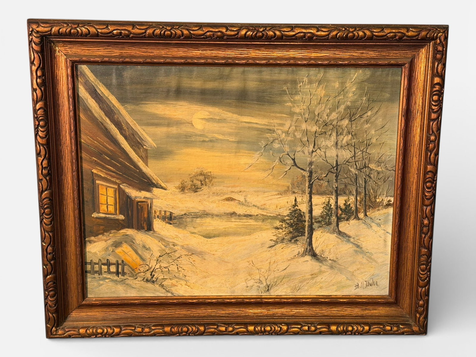 American School Oil on Canvas Winter Landscape, signed B.H. Duke: Oil on canvas depicting a moonlit winter landscape with a cabin, snow-covered terrain, and bare trees along a frozen waterway, rendered in a subdued tonal palette with visible brush and palette knife