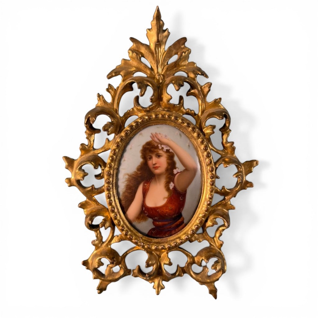 German Porcelain Plaque of Maiden in Ornate Gilt Frame (1 of 3)
