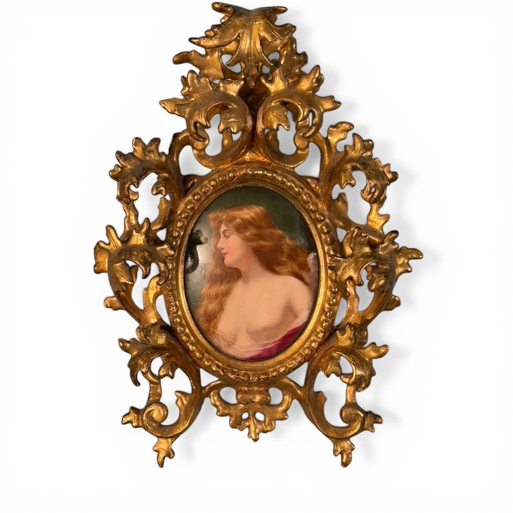 German Porcelain Plaque of Maiden, Gilt Rococo-Style Frame (1 of 2)