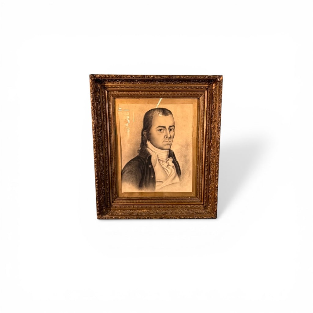 French Charcoal Portrait of a Gentleman in Period Dress, 19th Century: A finely executed French charcoal or graphite portrait depicting a gentleman in late 18th-century attire, shown in three-quarter view and wearing a high-collared coat with cravat. The sitter is