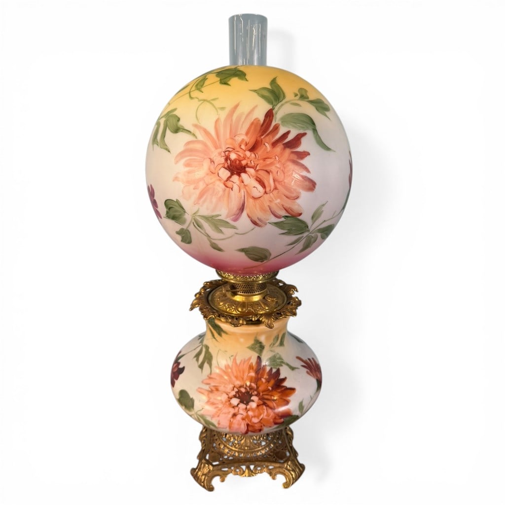 Victorian “Gone With the Wind?? Banquet Lamp: Victorian banquet or “Gone With the Wind” lamp, featuring a classic double-globe form with a spherical upper reservoir and matching lower font, both executed in satin glass and richly