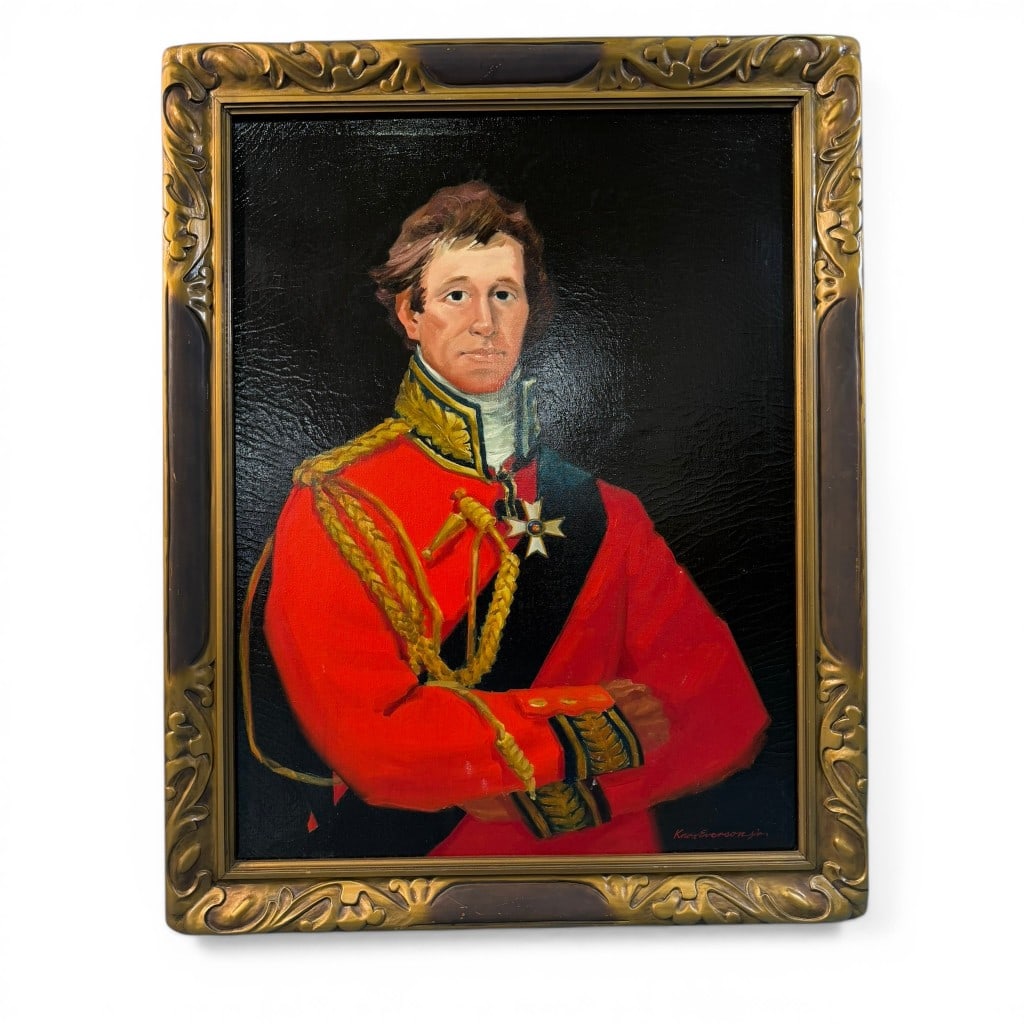 Knox Everson Jr., Portrait of a British Officer, Oil on Canvas: A bold and vividly rendered portrait of a British military officer, depicted three-quarter length in a striking red dress uniform with gold aiguillette, black sash, and star-shaped order badge. The