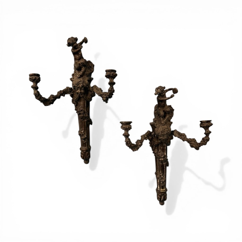 Pair of Figural Brass Two-Light Wall Sconces with Cherubs (1 of 4)