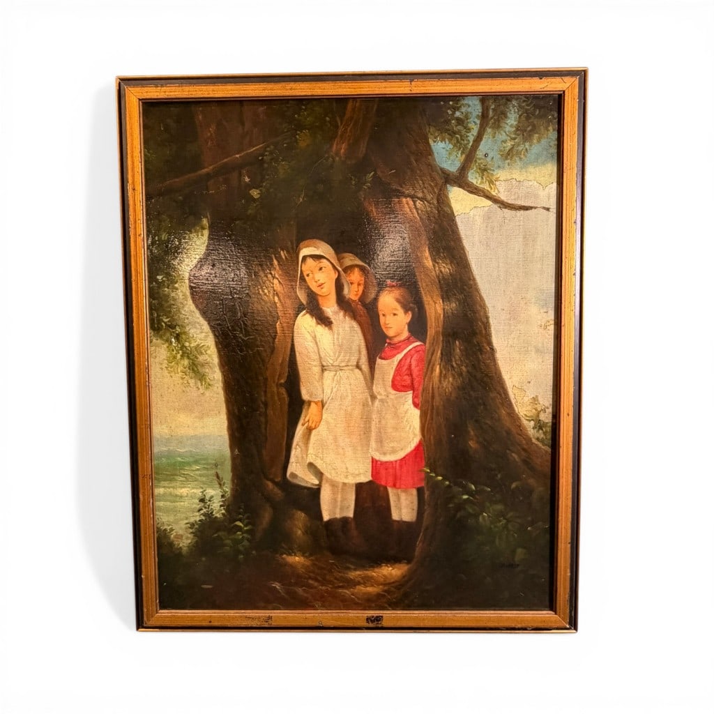 Signed “Eckardt?? 19th Century Oil on Canvas Portrait of Three Children: 19th-century oil on canvas depicting three children gathered within the hollow of a large tree, rendered in a romantic naturalistic style. The composition is both narrative and atmospheric, with the f