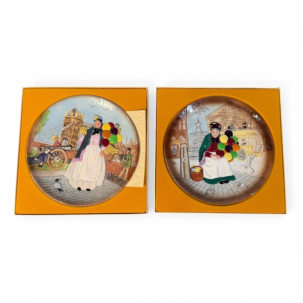 Pair of Royal Doulton Character Plates: Biddy Penny Farthing, Old Balloon Seller (1 of 3)