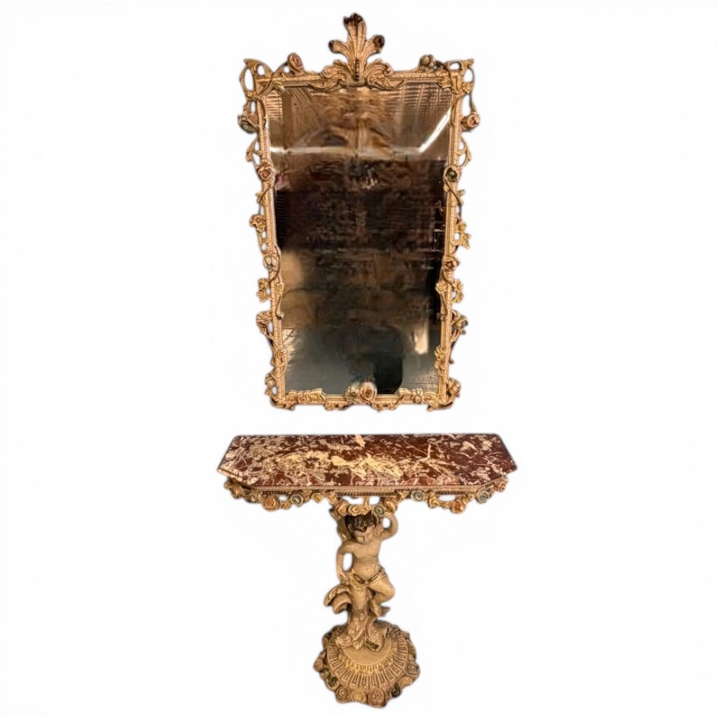 Italian Rococo-Style Gilt Mirror and Marble-Top Console with Cherub (1 of 3)