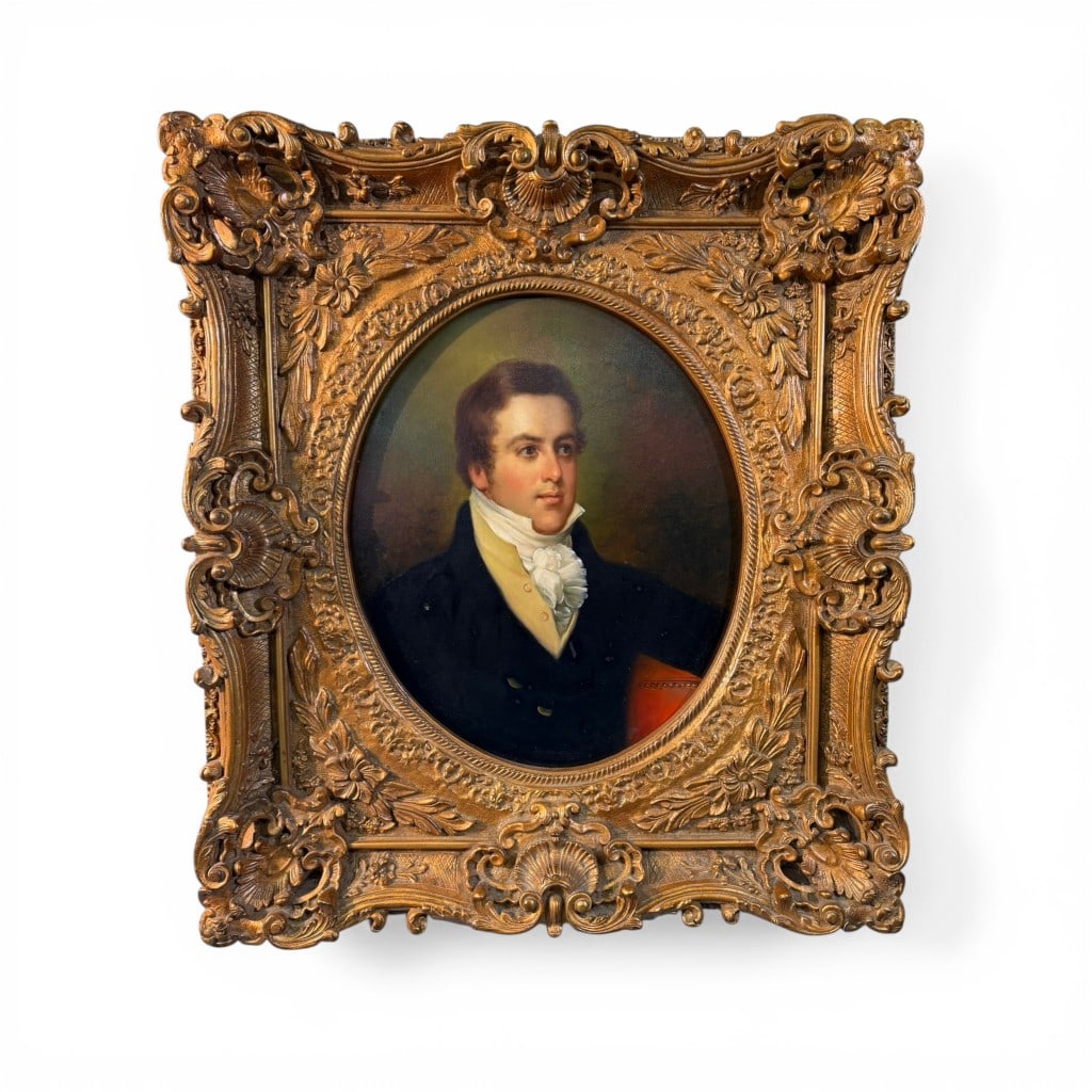 Portrait of a Gentleman, Oil on Canvas, 19th Century: A finely executed 19th century oil on canvas portrait depicting a well-dressed gentleman in formal attire, shown bust-length and turned slightly to the side. The sitter wears a dark coat with high