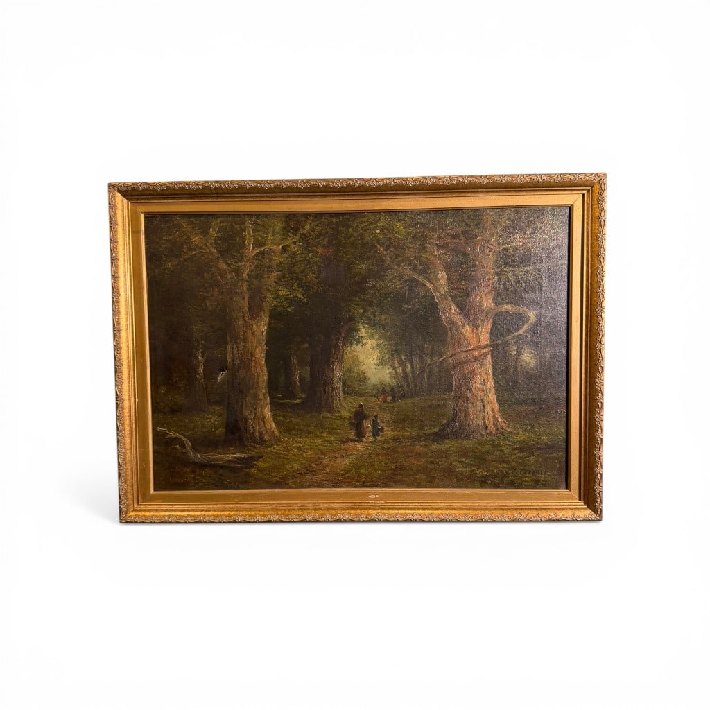 Jay C. Carroll, 19th Century Woodland Landscape with Figures: A finely rendered 19th-century oil on canvas depicting a tranquil forest interior, signed Jay C. Carroll lower right. The composition features a winding path receding into a softly illuminated