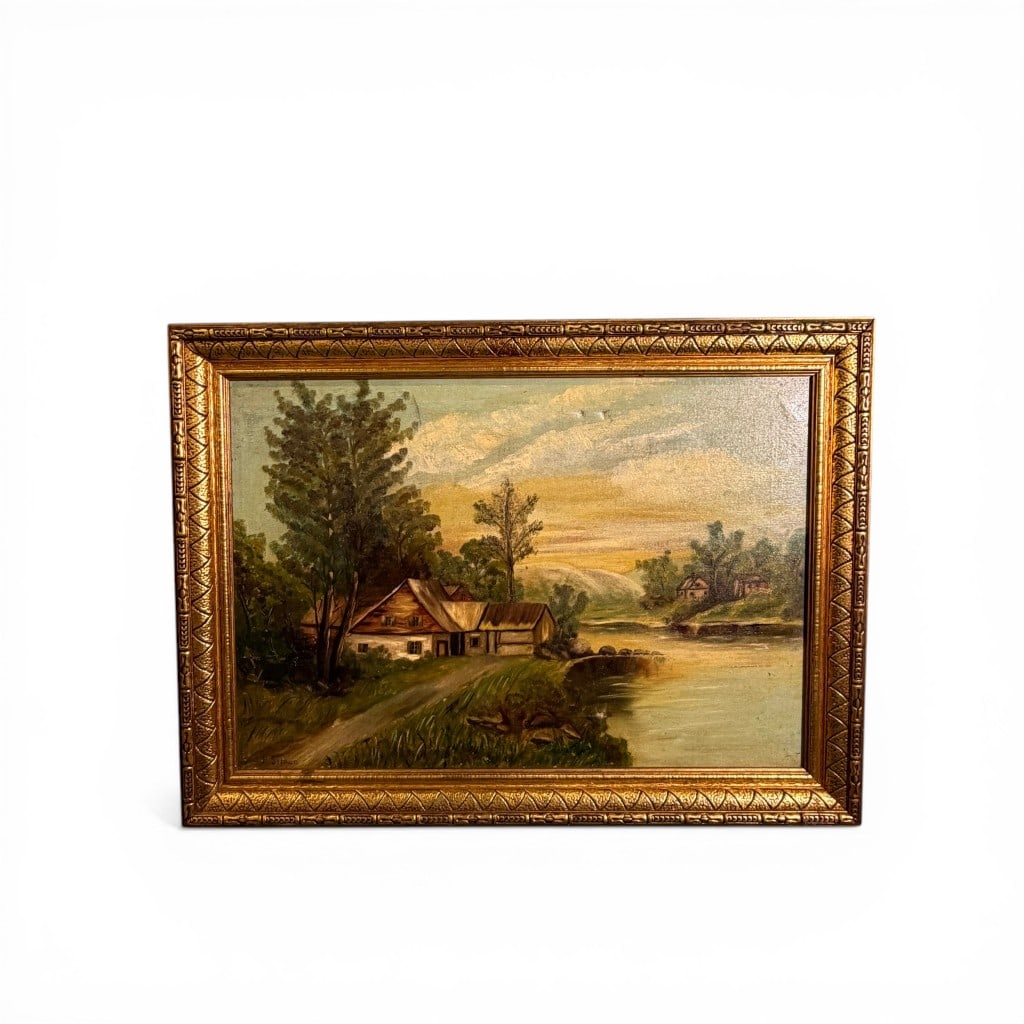 P. Simon Signed 19th Century River Landscape with Cottage: A 19th-century oil on canvas landscape depicting a rural riverside scene, signed P. Simon lower left. The composition centers on a cluster of rustic cottages nestled along a gently curving waterway,