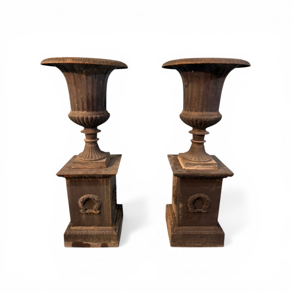 Pair of Classical Cast Iron Garden Urns on Pedestals with Wreath Motif (1 of 5)