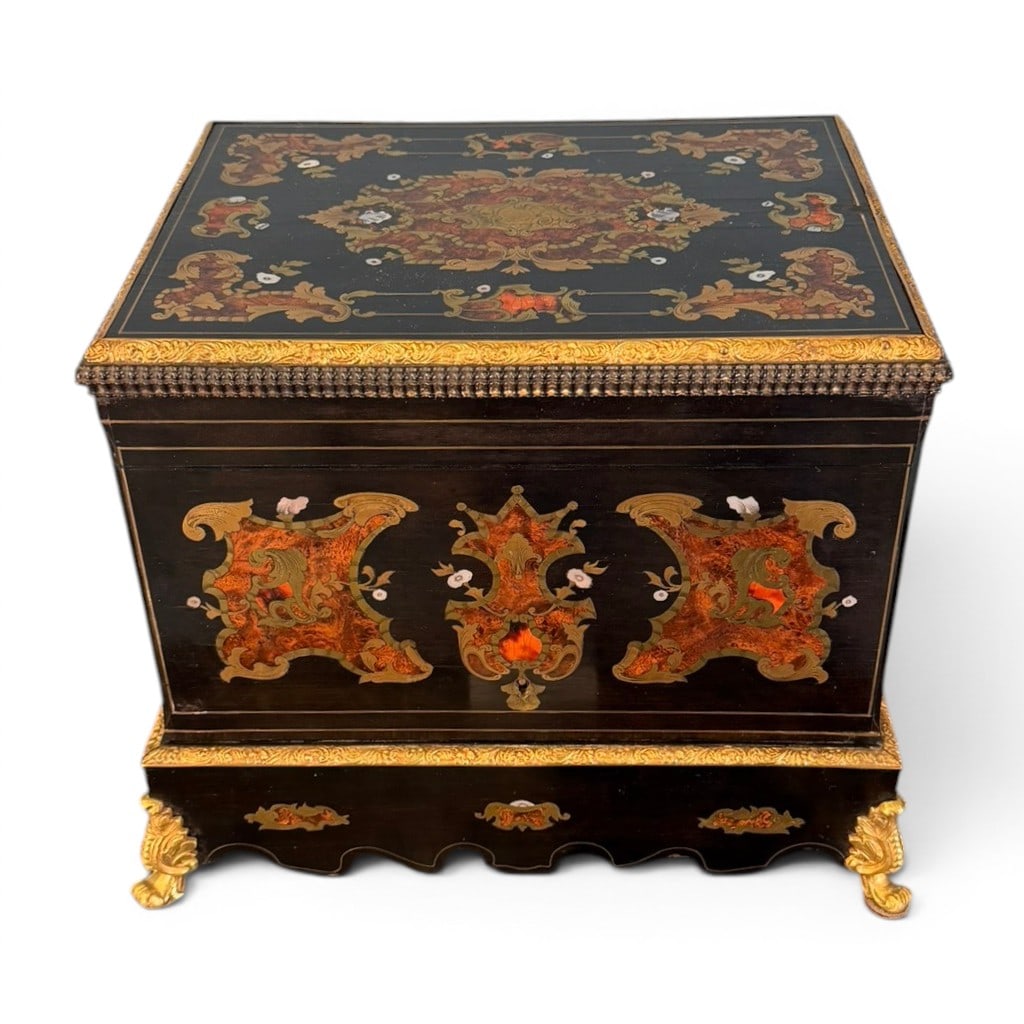 French Napoleon III Ebonized Cave Liqueur / Tantalus, Mid 19th Century: A fine French Napoleon III ebonized cave liqueur or tantalus, mid 19th century, the rectangular case decorated throughout with brass line inlay, boulle-style marquetry panels, gilt-metal mounts,