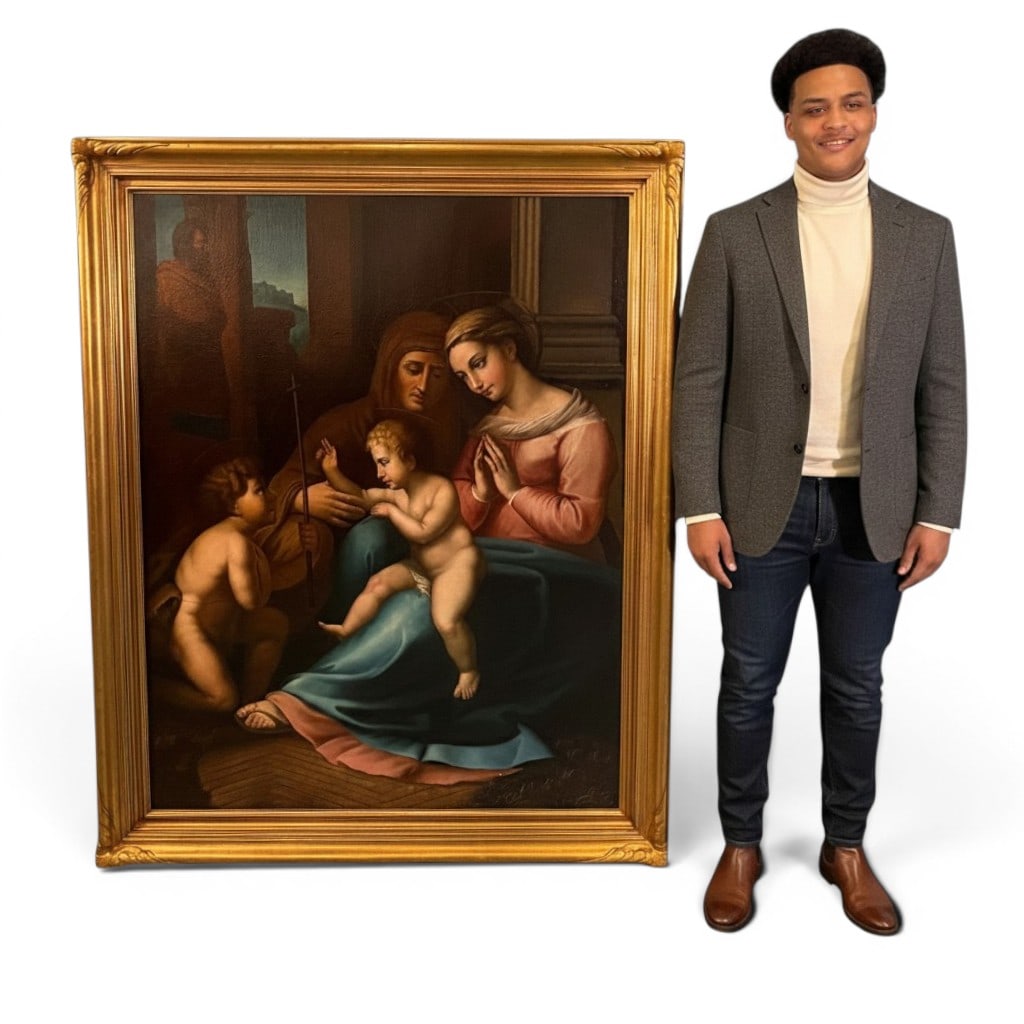 Large Continental School Oil on Canvas After Raphael's Madonna del Divino Amore: Large Continental School oil on canvas after Raphael and workshops celebrated Madonna del Divino Amore, also known as The Virgin and Child with the Infant Saint John the Baptist, Saints Elizabeth and