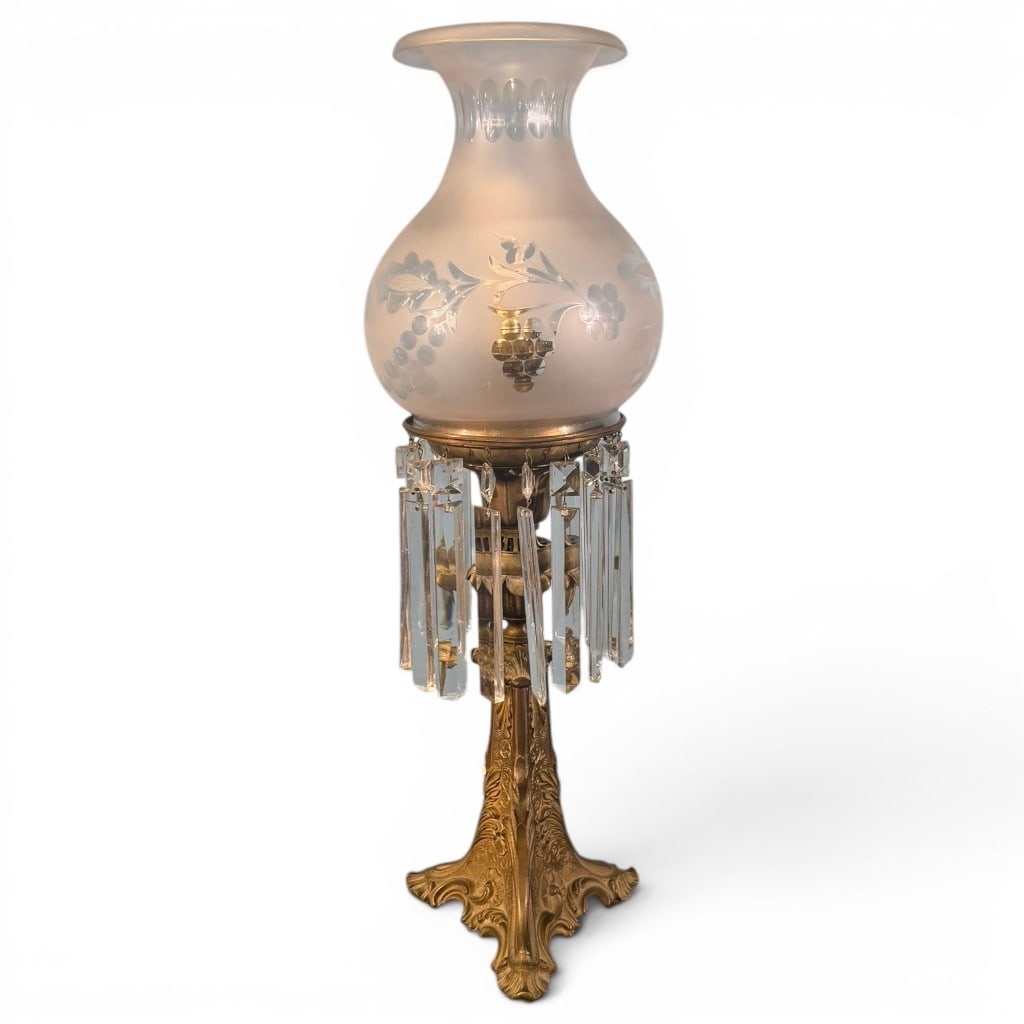 Gilt Brass Solar Lamp, H.N. Hooper & Co., Boston: H.N. Hooper & Co., Boston, mid-19th century gilt brass solar lamp, the ornate foliate cast base supporting a period-style oil font with cut crystal prism drops and frosted etched glass shade decorated