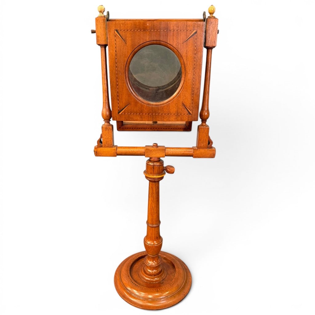 L Optique Zograscope Optical Viewing Instrument: Rare LOptique Optical Viewing Instrument Zograscope-Type Viewer, with Monticello Correspondence, 19th century or earlier form, wooden optical viewer on turned pedestal stand, having a circular viewing