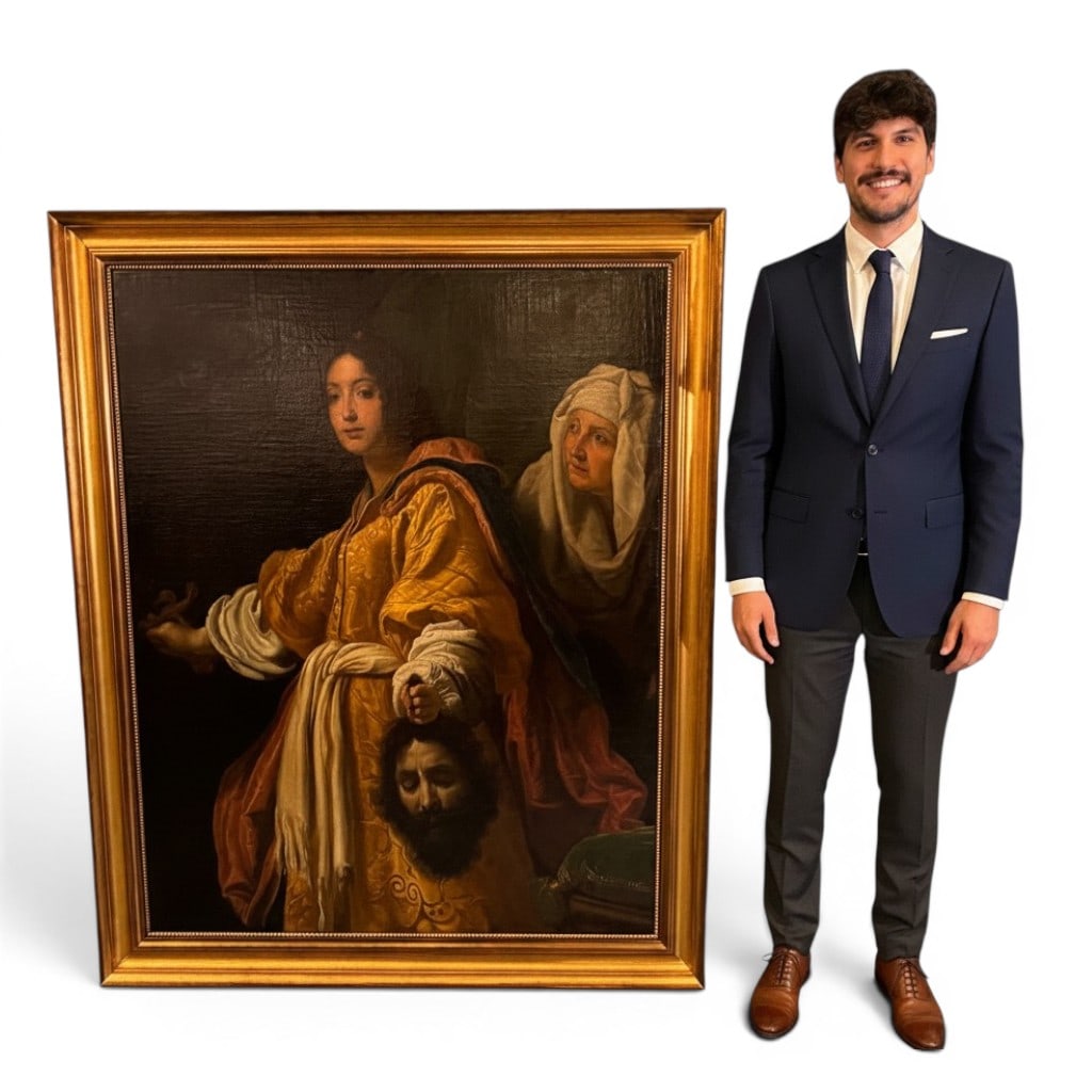 Important Large Continental School Oil on Canvas After Cristofano Allori, Judith with the Head of: Important large Continental School oil on canvas, likely 18th century, after Cristofano Allori, depicting Judith with the Head of Holofernes. The dramatic Old Master composition shows Judith richly dr