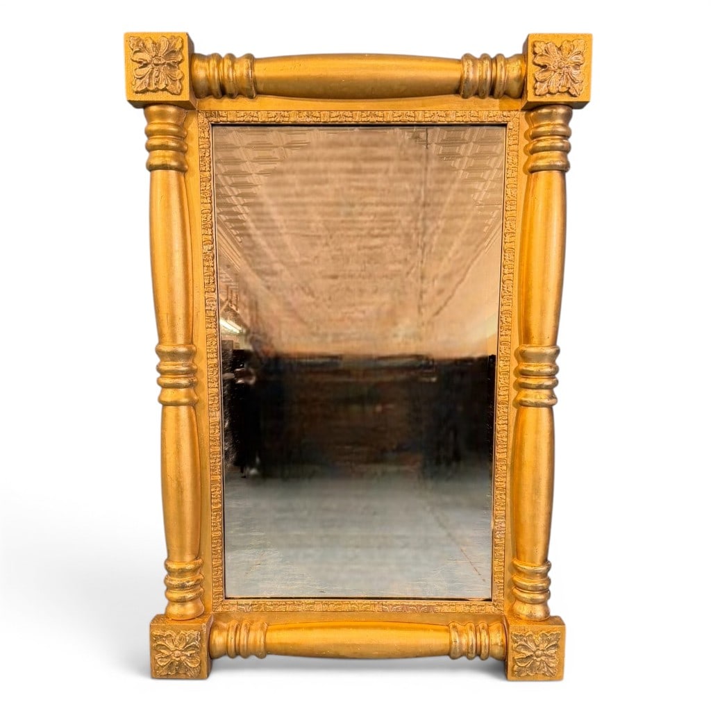 American Federal Giltwood Mirror: American Federal giltwood looking glass, early 19th century, having a rectangular mirror plate within a gilt molded frame with turned columnar side supports, turned top and bottom rails, and square co
