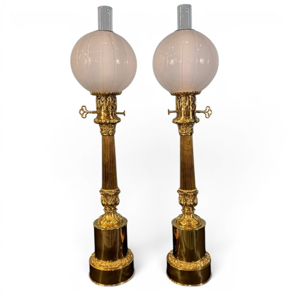 Pair French Brass Lampe Mod?rateur Oil Lamps (1 of 7)