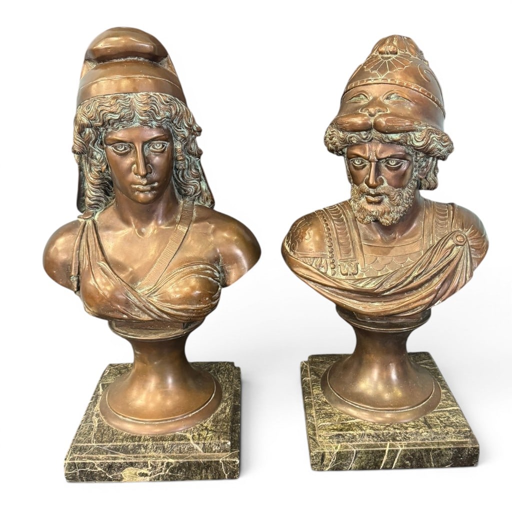 Pair of Large Classical Revival Patinated Bronze Figural Busts on Marble Bases: Pair of large Classical Revival patinated figural busts, 20th century, depicting helmeted classical figures, one female and one bearded male warrior, each modeled with elaborate headgear and drapery, 