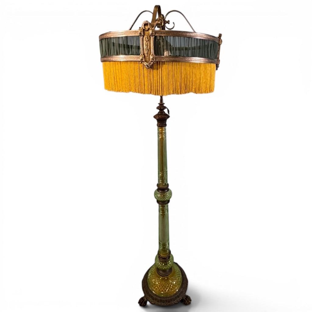 Fine Art Deco Green Glass Floor Lamp with Fringed Shade (1 of 8)