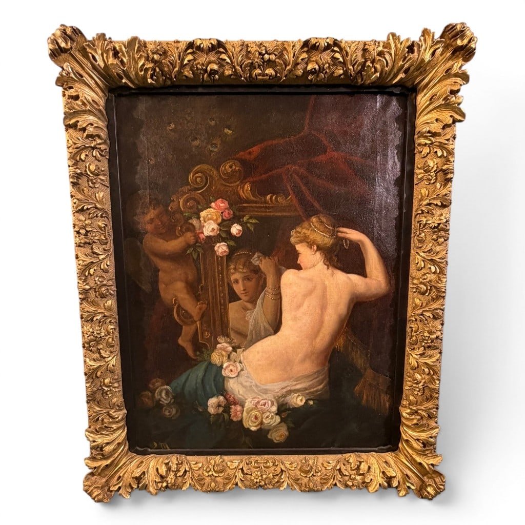 Oil on Canvas After Francois Boucher, The Toilette of Venus, 19th C.: Large 19th century oil on canvas after/in the manner of Francois Boucher, depicting Venus at her toilette with mirror, Cupid, floral garlands, and drapery in a Rococo interior. Signed lower left with 