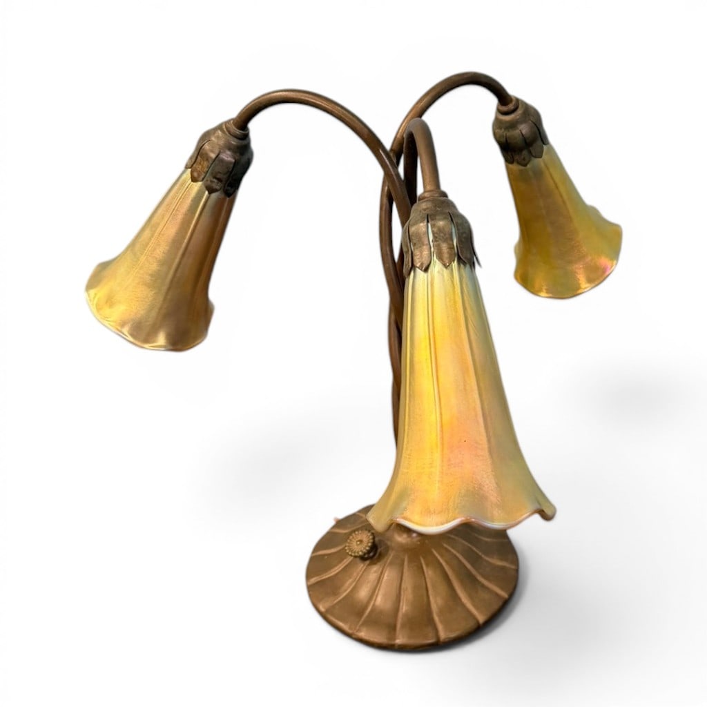 R.A.P. Marked Art Nouveau Revival Three-Light Pond Lily Table Lamp, Signed Zephyr Shades (1 of 7)