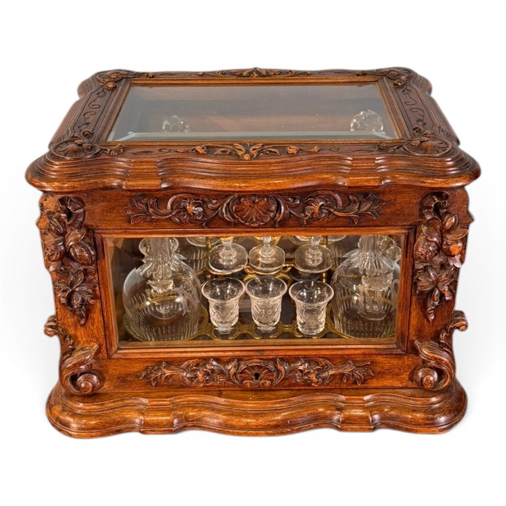 French Carved Walnut Cave Liqueur / Tantalus, Mid 19th Century (1 of 9)