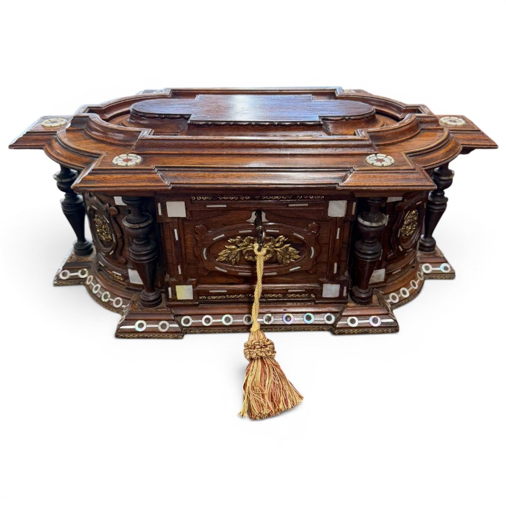 Important Continental Renaissance Revival Rosewood, Mother-of-Pearl/ Brass Mounted Jewelry Casket (1 of 12)