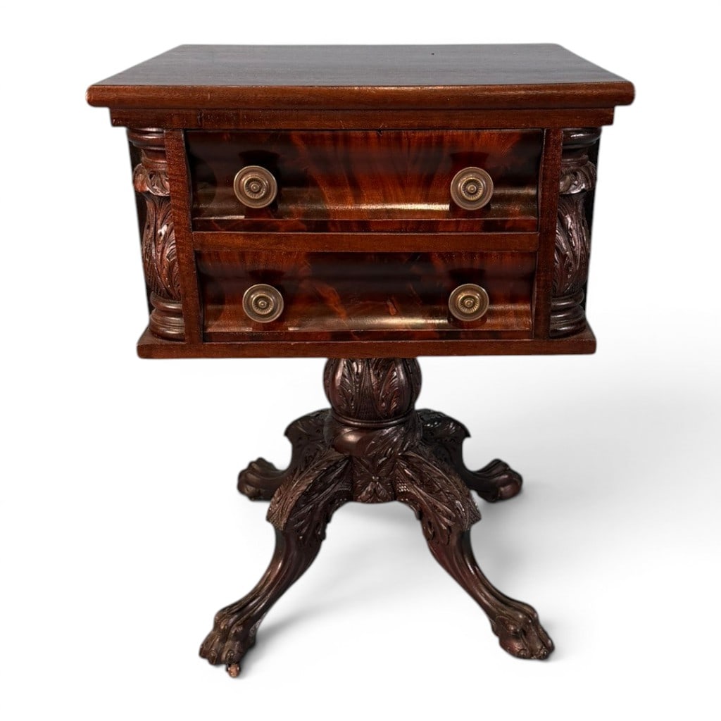 American Classical Carved Mahogany Two-Drawer Work Table / Stand, New York or Philadelphia, c.: A handsome American Classical carved mahogany two-drawer work table or stand, circa 1820?1840, likely New York or Philadelphia. The rectangular top with molded edge is set above a conforming case fitt