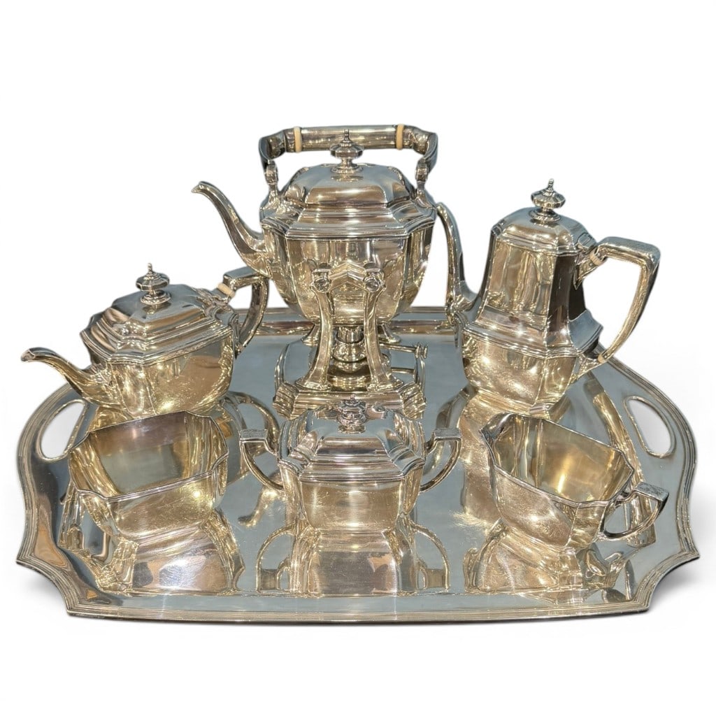 Tiffany & Co. Sterling Silver Tea and Coffee Service with Sterling Tray, circa 1903: Fine seven-piece Tiffany & Co. sterling silver tea and coffee service with matching sterling silver tray, New York, circa 1903, each piece marked Tiffany & Co. / Makers / Sterling Silver / 925-1000 / 