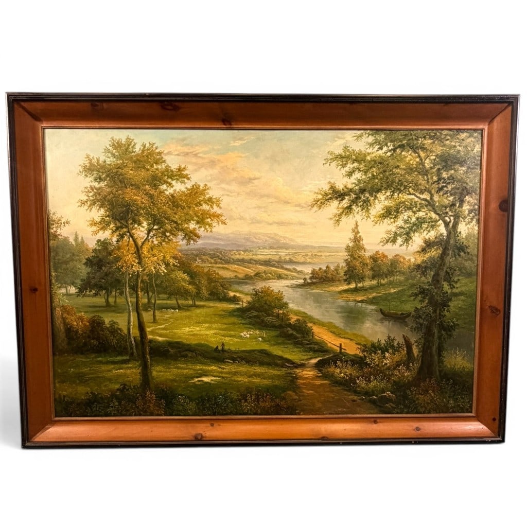 Continental School Large Landscape Oil on Canvas, Signed Dominic: Large Continental School oil on canvas landscape, signed ?Dominic? lower left, depicting a panoramic river valley with winding waterway, trees, sheep, distant hills, and small boat at right. Housed in