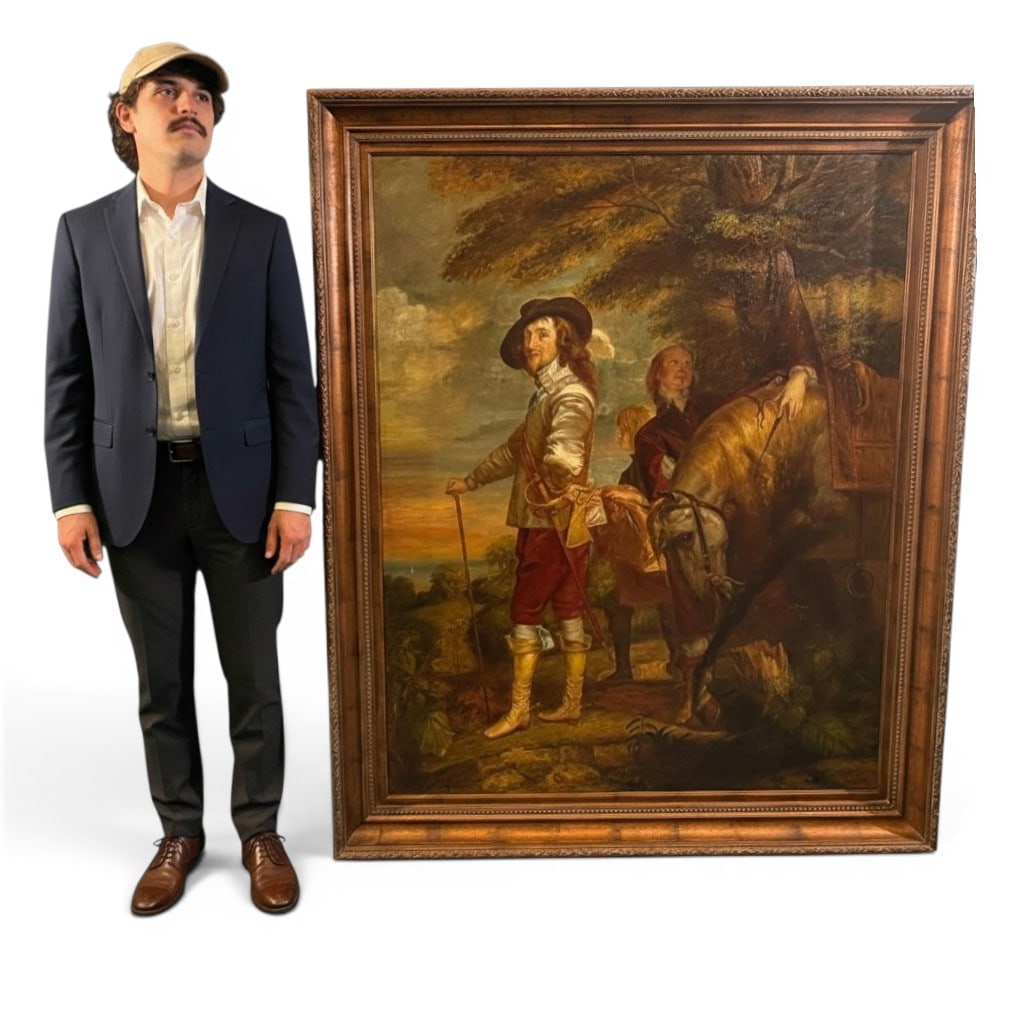 Large Oil on Canvas, Continental School, after Van Dyck, Charles I at Hunt, Signed Poussin: Large Continental School oil on canvas after Sir Anthony van Dyck?s celebrated portrait ?Charles I at the Hunt,? 19th century, depicting King Charles I of England standing in cavalier dress beside his