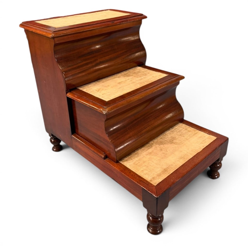 Mahogany Bed Steps with Commode: A mahogany bed steps and commode, likely English, 19th century, having three carpet-inset treads above shaped scroll risers and turned bun feet, the hinged upper step opening to a fitted commode