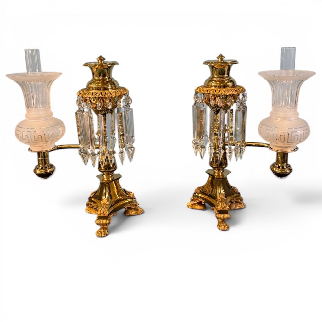 Pair of English Gilt Brass and Cut Glass Argand Lamps by Messenger & Sons (1 of 9)