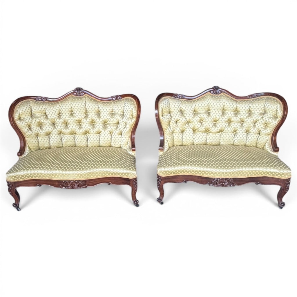 Pair of Victorian Rococo Revival Carved Walnut Settees, 19th c. (1 of 5)