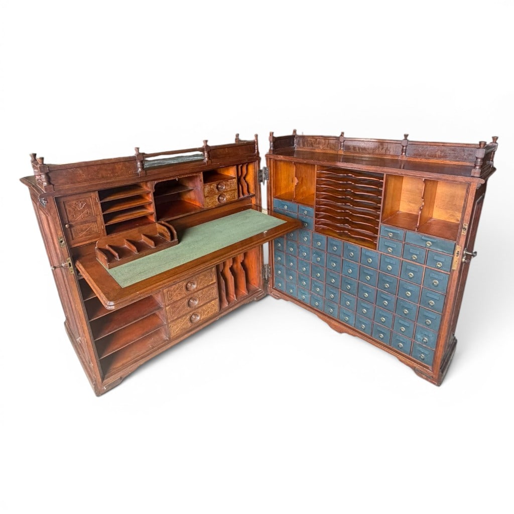 Rare Moore Insurance Patent Cabinet Desk, Indianapolis, Indiana, Patented 1878: Rare and important Moore Insurance Patent Cabinet Desk by The Moore Combination Desk Co., Indianapolis, Indiana, late 19th century, walnut and mixed woods, retaining maker?s plaque reading ?Moore?s